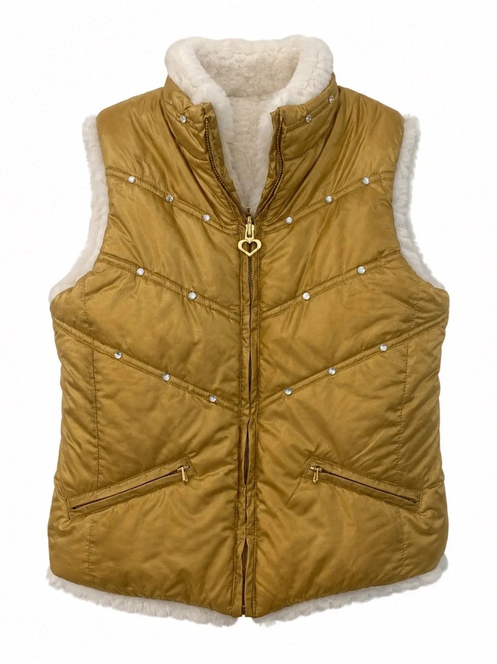 The Children’s Place Girls Gold Faux Fur Lined Puffer Vest Rhinestone M 7/8